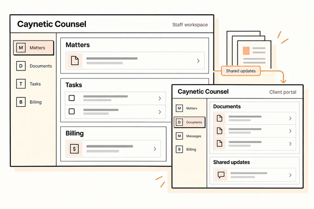 Caynetic Counsel illustration showing sample matters, documents, tasks and billing.