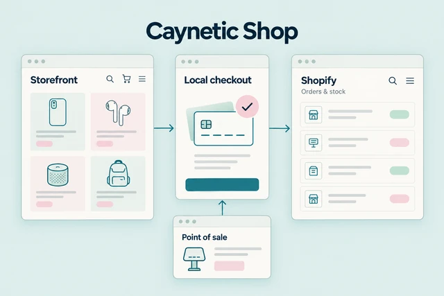 Caynetic Shop illustration showing a storefront, point of sale and order management.