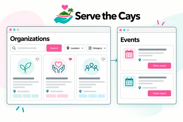 Serve the Cays illustration showing community organizations and volunteer events.